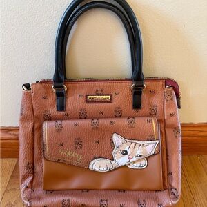 NIKKY meow Nicole Lee Tan Cat Print Satchel brown black